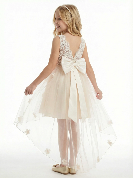 V-Neck Sleeveless Floral Lace Tulle Flower Girl Dress Cute High-Low Gown with Back Bow Detail
