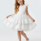Round Neck Bow Shoulder Tiered Tulle Flower Girl Dress Cute A-Line Sleeveless Gown with Ruffled Skirt