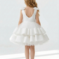 Round Neck Bow Shoulder Tiered Tulle Flower Girl Dress Cute A-Line Sleeveless Gown with Ruffled Skirt
