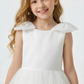 Round Neck Bow Shoulder Tiered Tulle Flower Girl Dress Cute A-Line Sleeveless Gown with Ruffled Skirt