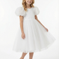 Round Neck Puff Sleeve Tulle Flower Girl Dress Cute A-Line Gown with Back Bow & Embellished Detail