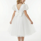 Round Neck Puff Sleeve Tulle Flower Girl Dress Cute A-Line Gown with Back Bow & Embellished Detail