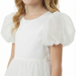 Round Neck Puff Sleeve Tulle Flower Girl Dress Cute A-Line Gown with Back Bow & Embellished Detail