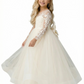 Long-Sleeve Sheer Round Neck Embroidered Lace Tulle Flower Girl Gown A-Line Floor-Length Dress with Large Back Bow Detail