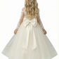 Long-Sleeve Sheer Round Neck Embroidered Lace Tulle Flower Girl Gown A-Line Floor-Length Dress with Large Back Bow Detail
