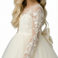 Long-Sleeve Sheer Round Neck Embroidered Lace Tulle Flower Girl Gown A-Line Floor-Length Dress with Large Back Bow Detail