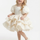 Puff-Sleeve Round Neck Satin Flower Girl Dress Tiered A-Line Knee-Length Gown with Deep V-Back & Oversized Bow