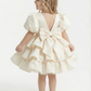 Puff-Sleeve Round Neck Satin Flower Girl Dress Tiered A-Line Knee-Length Gown with Deep V-Back & Oversized Bow
