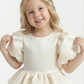 Puff-Sleeve Round Neck Satin Flower Girl Dress Tiered A-Line Knee-Length Gown with Deep V-Back & Oversized Bow