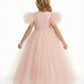 A-Line Round Neck Lace Tulle Flower Girl Dress Cute Puff Sleeve Formal Elegant Flower Tulle Dress for Kids