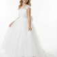 A-Line Round Neck Lace Tulle Flower Girl Dress Open Back Bow Accent Elegant Flower Tulle Dress for Formal Events