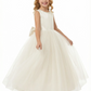 A-Line Round Neck Satin Tulle Flower Girl Dress Pearl Trim Open Back Bow Accent Cute Flower Tulle Dress