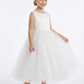 A-Line Round Neck Satin Tulle Flower Girl Dress Pearl Trim Bow Accent Cute Elegant Flower Tulle Dress for Kids