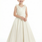 A-Line V-Neck Satin Flower Girl Dress Flower Accent Open Back Ruched Elegant Cute Flowery Dress for Kids