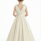 A-Line V-Neck Satin Flower Girl Dress Flower Accent Open Back Ruched Elegant Cute Flowery Dress for Kids