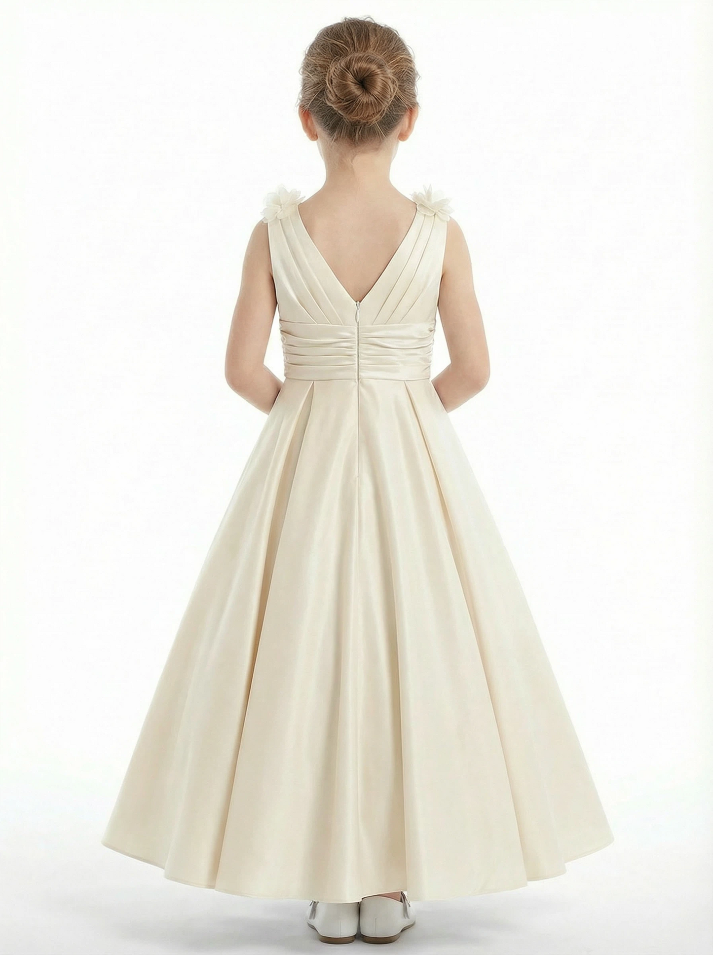 A-Line V-Neck Satin Flower Girl Dress Flower Accent Open Back Ruched Elegant Cute Flowery Dress for Kids