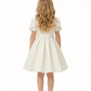 A-Line Round Neck Satin Flower Girl Dress Pearl Trim Puff Sleeve Flower Accent Cute Flowery Dress for Kids