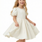 A-Line Round Neck Satin Flower Girl Dress Pearl Trim Puff Sleeve Flower Accent Cute Flowery Dress for Kids