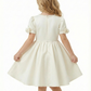 A-Line Round Neck Satin Flower Girl Dress Pearl Trim Puff Sleeve Flower Accent Cute Flowery Dress for Kids