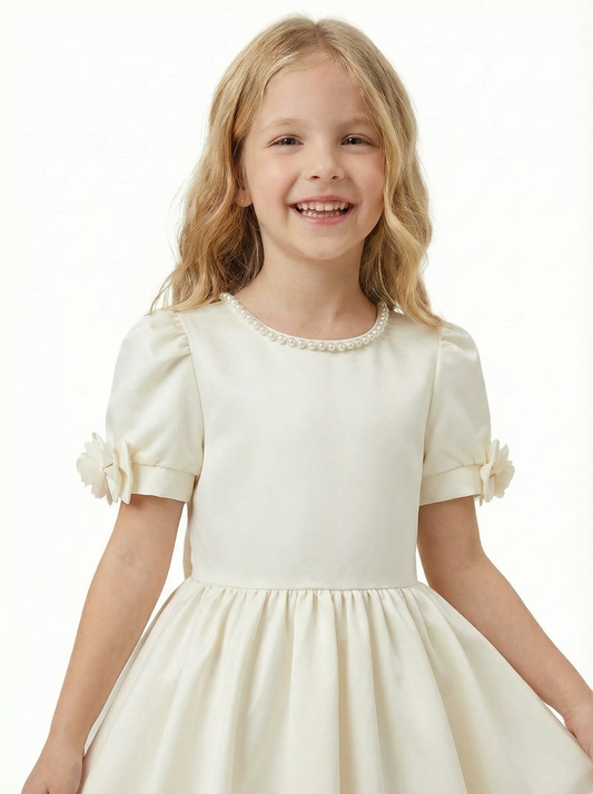 A-Line Round Neck Satin Flower Girl Dress Pearl Trim Puff Sleeve Flower Accent Cute Flowery Dress for Kids