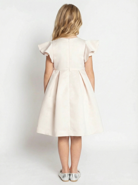 A-Line Round Neck Satin Flower Girl Dress Ruffle Short Sleeve Cute Elegant Flowery Dress for Kids