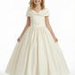 Elegant Flower Girl Dress Off-the-Shoulder Short Sleeve A-Line Floor-Length Satin Gown with Bow Accent
