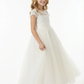 Charming Flower Girl Gown Scoop Back Short Lace Sleeve A-Line Floor-Length Tulle Dress with Satin Bow Accent