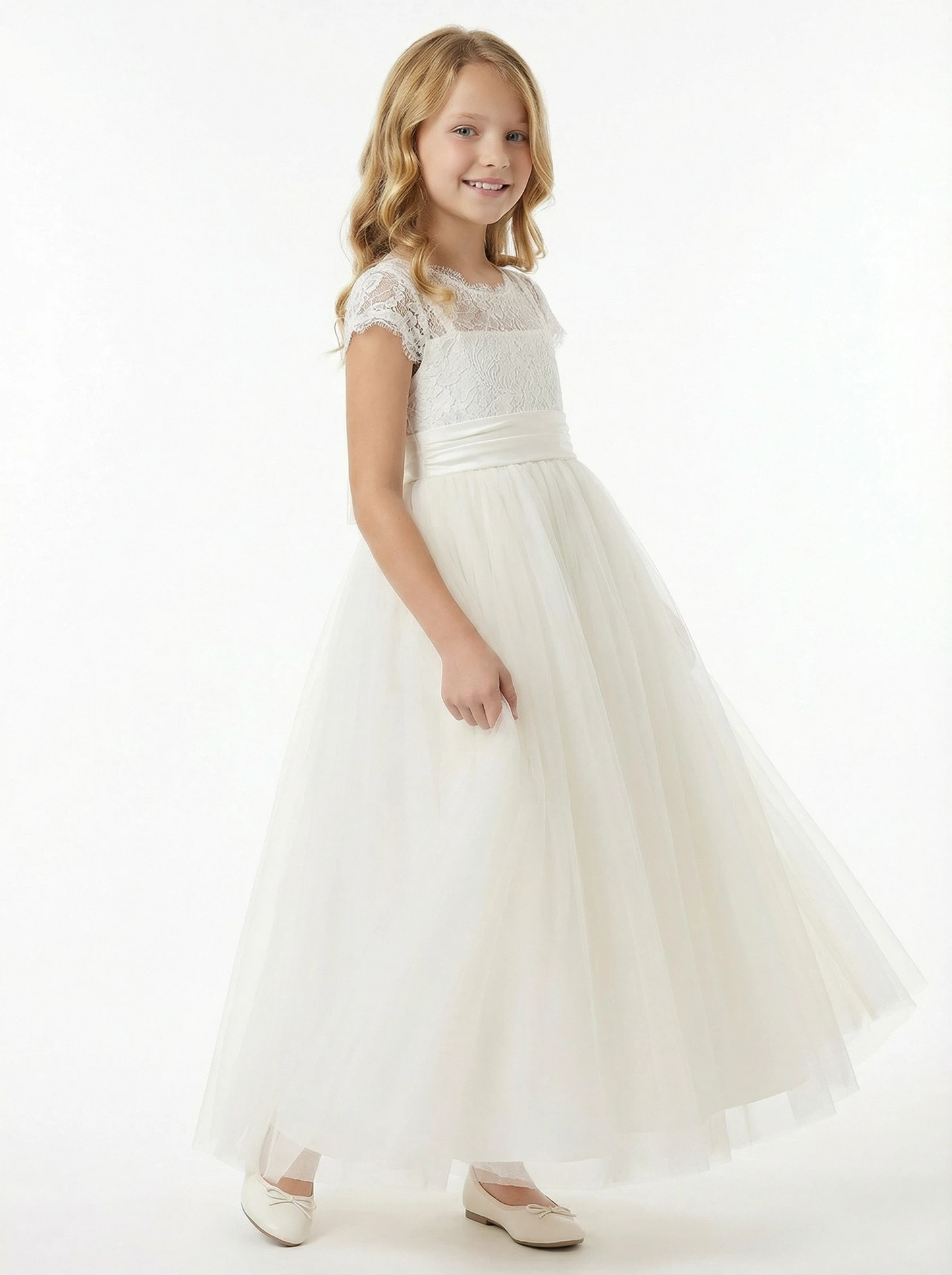 Charming Flower Girl Gown Scoop Back Short Lace Sleeve A-Line Floor-Length Tulle Dress with Satin Bow Accent