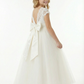 Charming Flower Girl Gown Scoop Back Short Lace Sleeve A-Line Floor-Length Tulle Dress with Satin Bow Accent