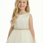Charming Flower Girl Gown Round Back Sleeveless A-Line Floor-Length Tulle Dress with Satin Bow & Beaded Waist Trim