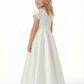 Elegant Flower Girl Dress Round Neck Puff Short Sleeve A-Line Satin Gown with Floral Embroidery