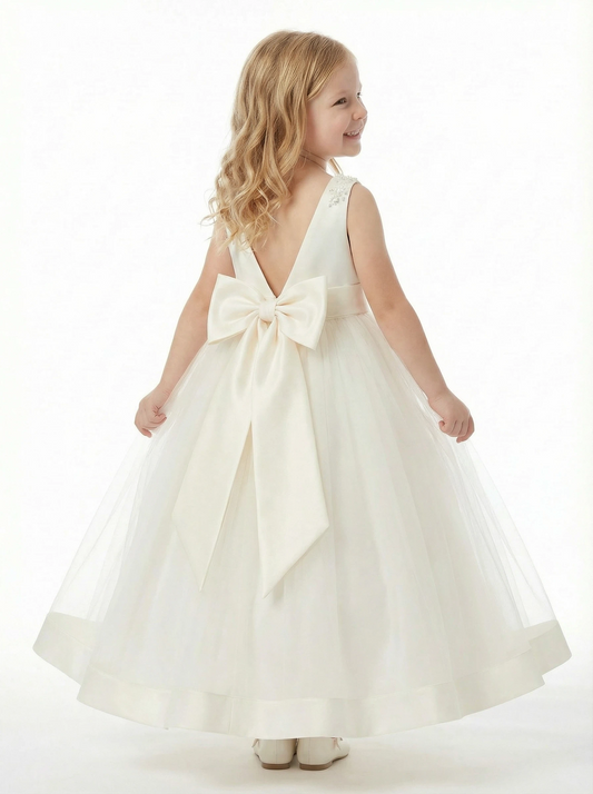 Charming Flower Girl Dress Round Neck Sleeveless A-Line Floor-Length Satin & Tulle Gown with Pearl Embellishments