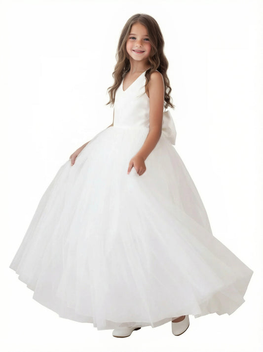 Gorgeous Flower Girl Dress V-Neck Sleeveless Ballgown Floor-Length Tulle & Satin Gown with Waist Bow Accent