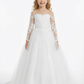 Elegant Long-Sleeve Illusion-Neck Flower Girl Gown Tulle Dress Button Back Lace Detailing for Weddings & Special Occasions