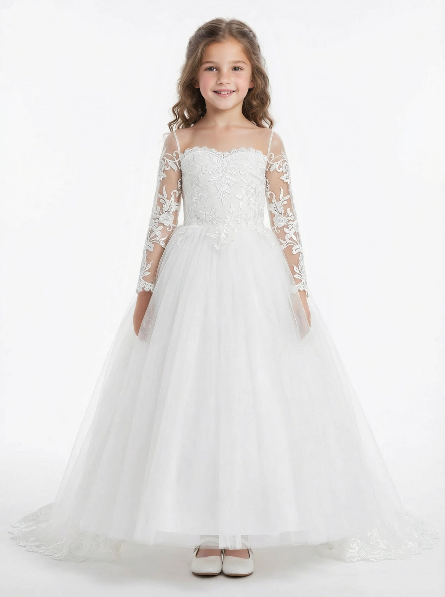 Elegant Long-Sleeve Illusion-Neck Flower Girl Gown Tulle Dress Button Back Lace Detailing for Weddings & Special Occasions