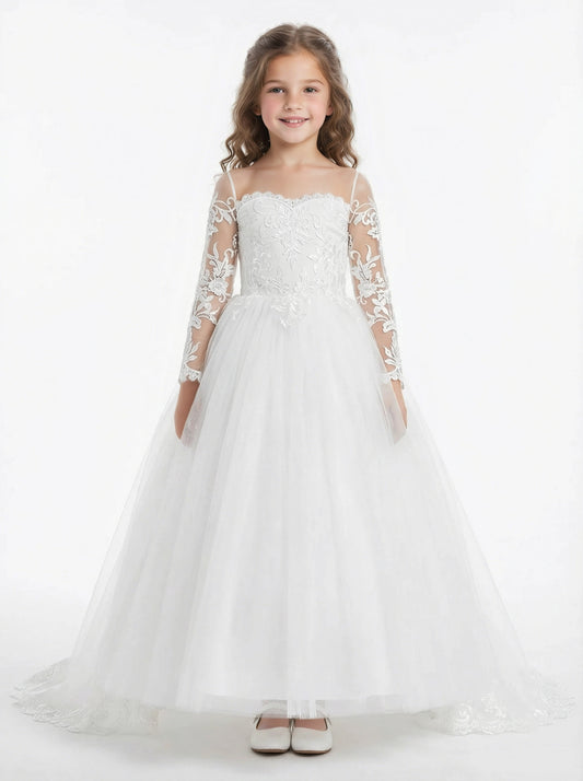 Elegant Long-Sleeve Illusion-Neck Flower Girl Gown Tulle Dress Button Back Lace Detailing for Weddings & Special Occasions