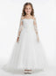 Elegant Long-Sleeve Illusion-Neck Flower Girl Gown Tulle Dress Button Back Lace Detailing for Weddings & Special Occasions
