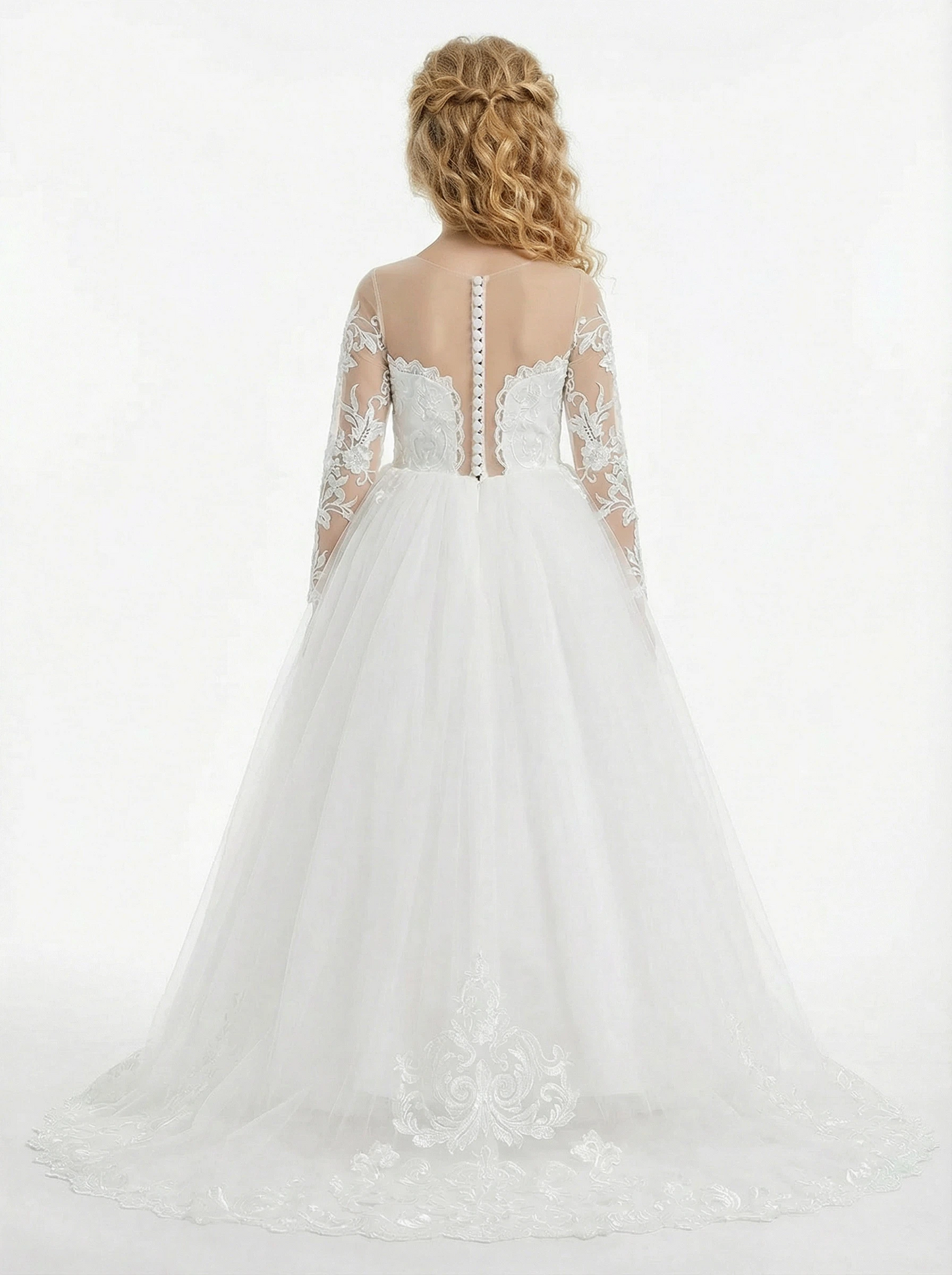 Elegant Long-Sleeve Illusion-Neck Flower Girl Gown Tulle Dress Button Back Lace Detailing for Weddings & Special Occasions