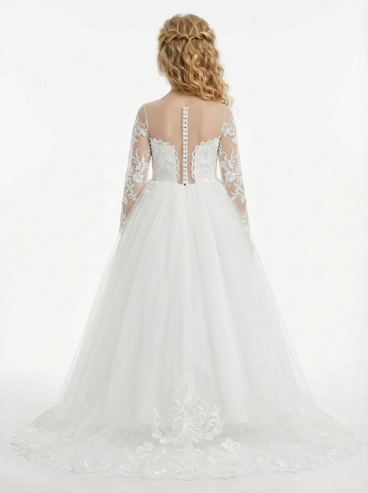 Elegant Long-Sleeve Illusion-Neck Flower Girl Gown Tulle Dress Button Back Lace Detailing for Weddings & Special Occasions