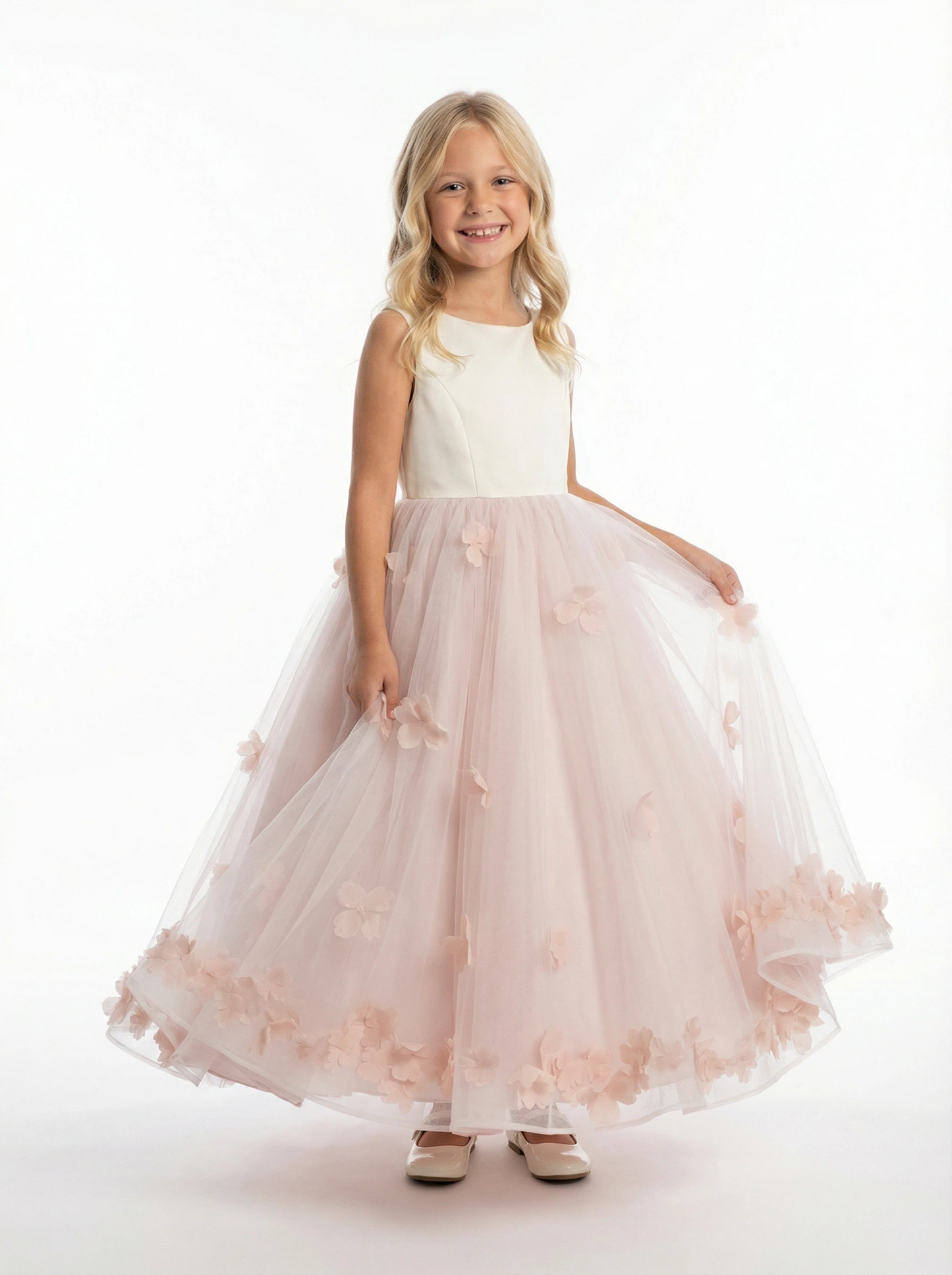Sleeveless Flower Girl Dress A-Line Floor-Length Tulle Gown with 3D Floral Applique & Ruched Waist for Weddings & Formal Events