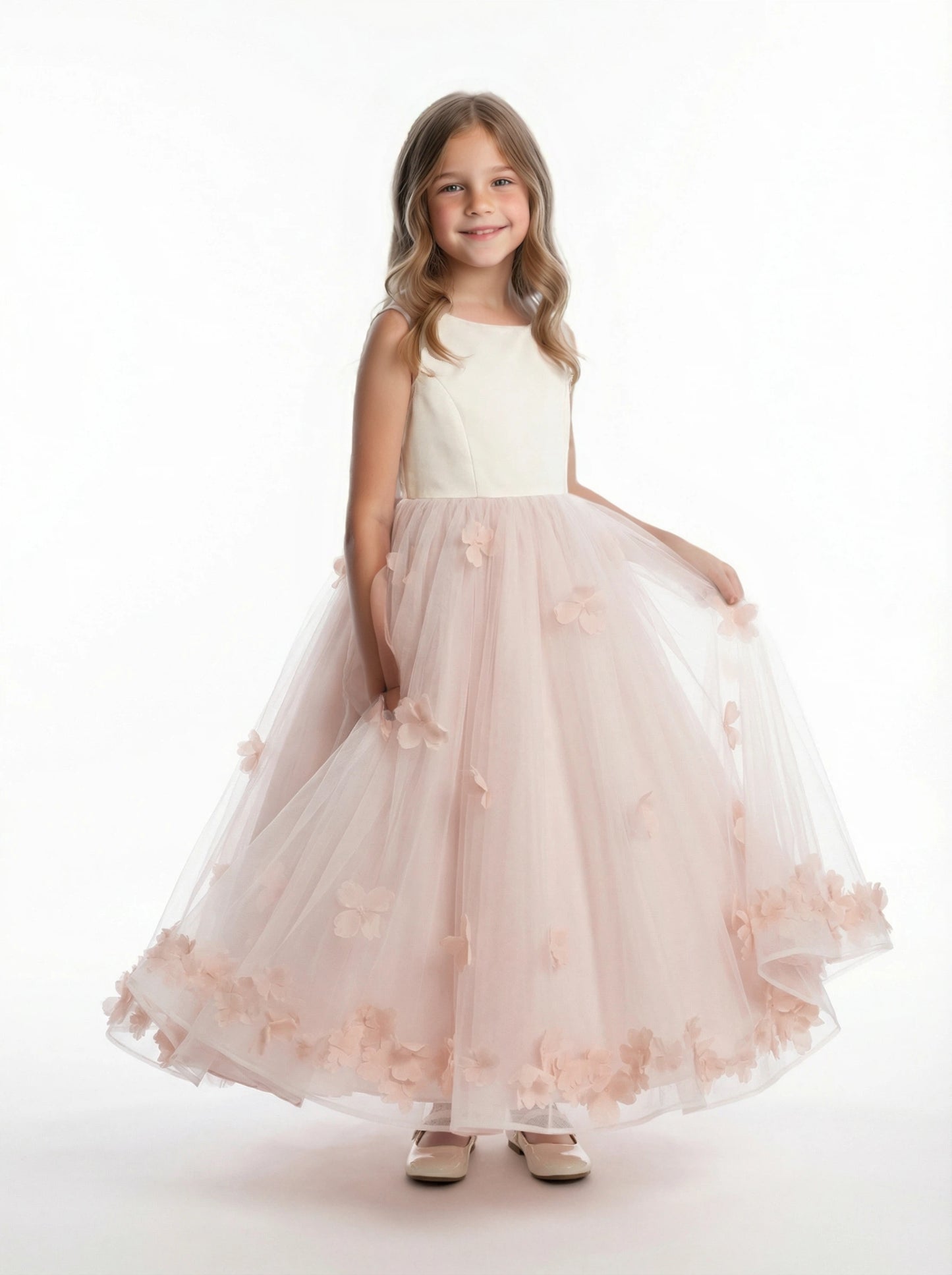 Sleeveless Flower Girl Dress A-Line Floor-Length Tulle Gown with 3D Floral Applique & Ruched Waist for Weddings & Formal Events