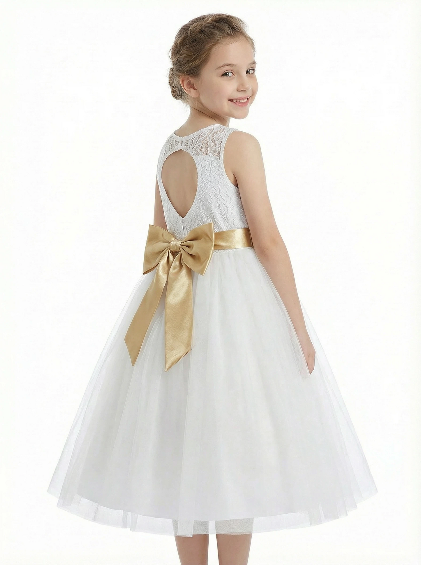 Sleeveless Flower Girl Dress A-Line Tulle Gown with Lace Overlay Keyhole Back & Oversized Bow Accent for Special Celebrations