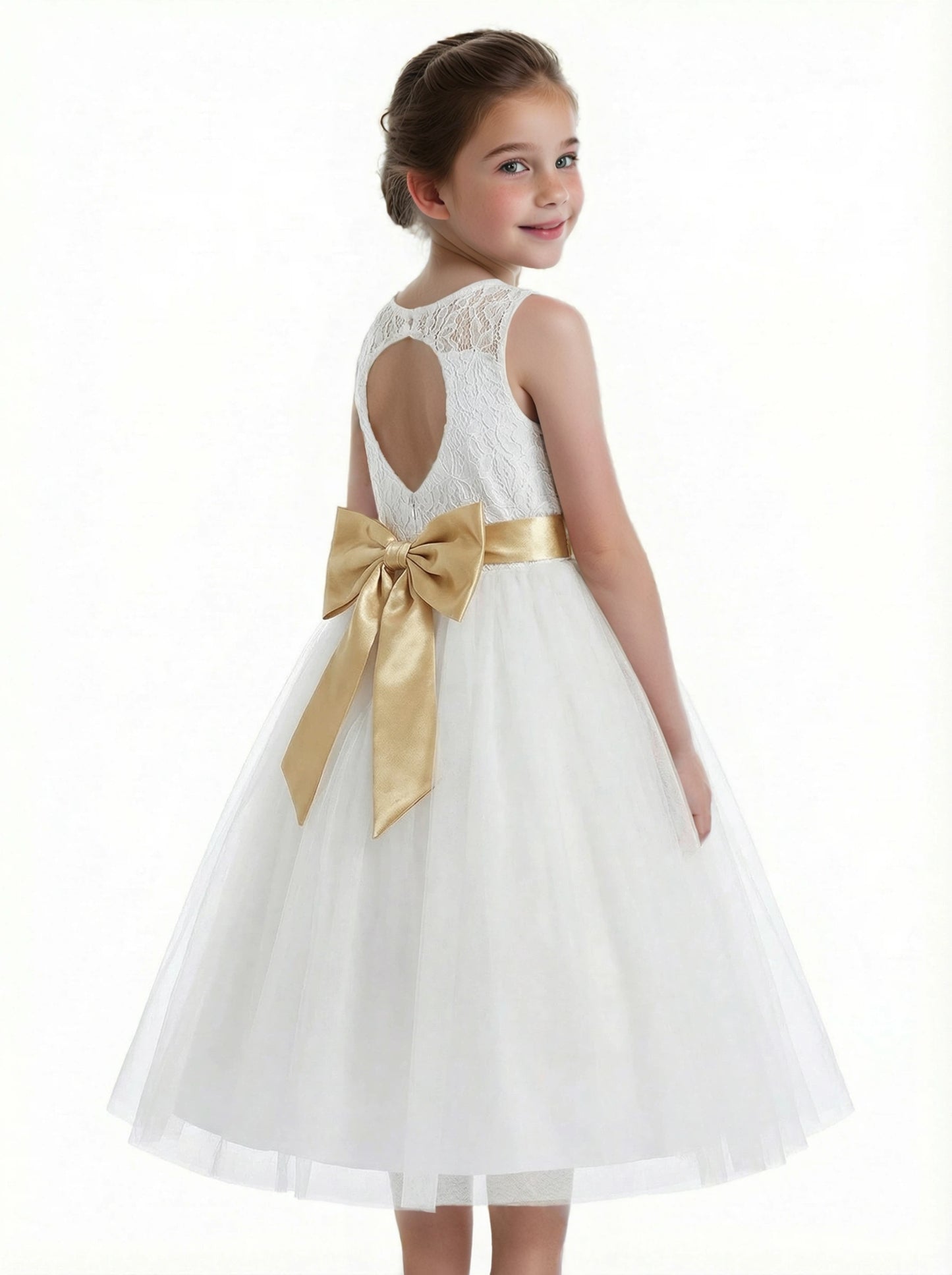 Sleeveless Flower Girl Dress A-Line Tulle Gown with Lace Overlay Keyhole Back & Oversized Bow Accent for Special Celebrations