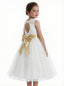 Sleeveless Flower Girl Dress A-Line Tulle Gown with Lace Overlay Keyhole Back & Oversized Bow Accent for Special Celebrations