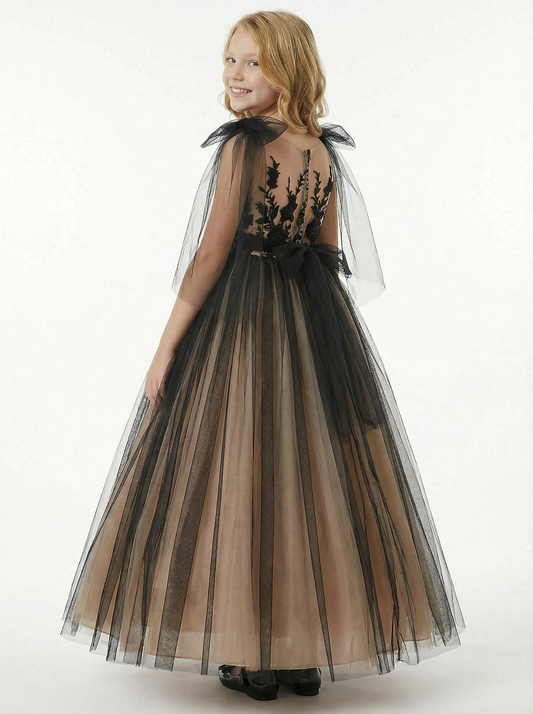 Chic Flower Girl Gown Scoop Neck Sleeveless Lace Embroidered A-Line Floor-Length Tulle Dress with Bow Capelet