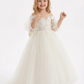 Off-the-Shoulder Puff-Sleeve Flower Girl Gown Floor-Length A-Line Tulle Dress with 3D Lace Appliqu¨¦s Oversized Bow & Train for Wedding Ceremonies