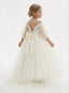 Off-the-Shoulder Puff-Sleeve Flower Girl Gown Floor-Length A-Line Tulle Dress with 3D Lace Appliqu¨¦s Oversized Bow & Train for Wedding Ceremonies