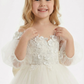 Off-the-Shoulder Puff-Sleeve Flower Girl Gown Floor-Length A-Line Tulle Dress with 3D Lace Appliqu¨¦s Oversized Bow & Train for Wedding Ceremonies