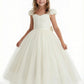 Sweetheart-Neck Puff-Sleeve Flower Girl Dress A-Line Polka-Dot Tulle Gown with Back Bow & Button Detail for Weddings & Formal Occasions