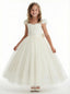 Sweetheart-Neck Puff-Sleeve Flower Girl Dress A-Line Polka-Dot Tulle Gown with Back Bow & Button Detail for Weddings & Formal Occasions